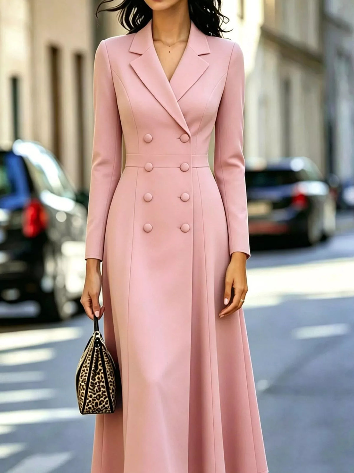 Solenne Double-Breasted Coat Midi Dress in Pink, on model