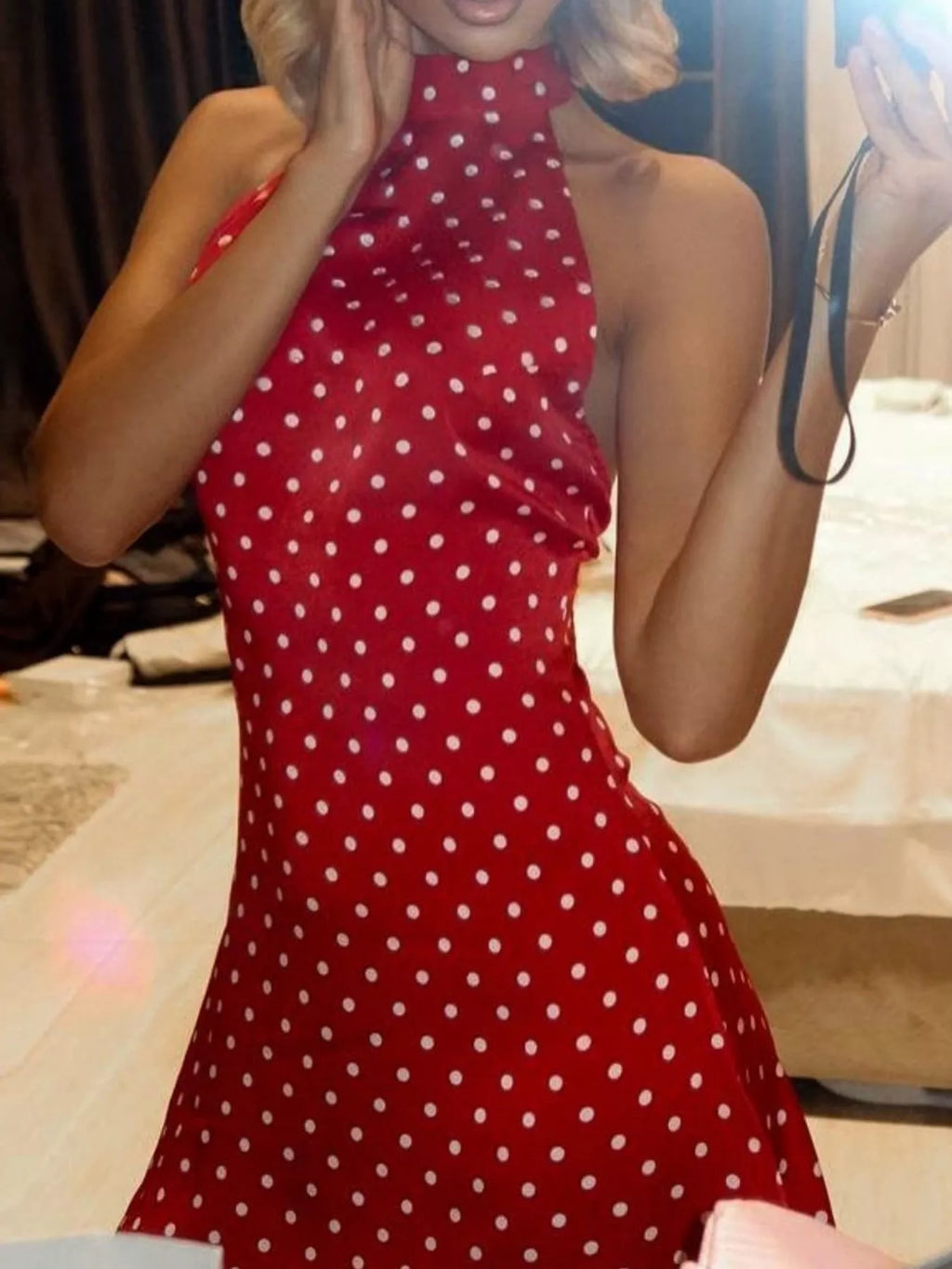 Polly Polka Dot Halter Mini Dress in Red, on model