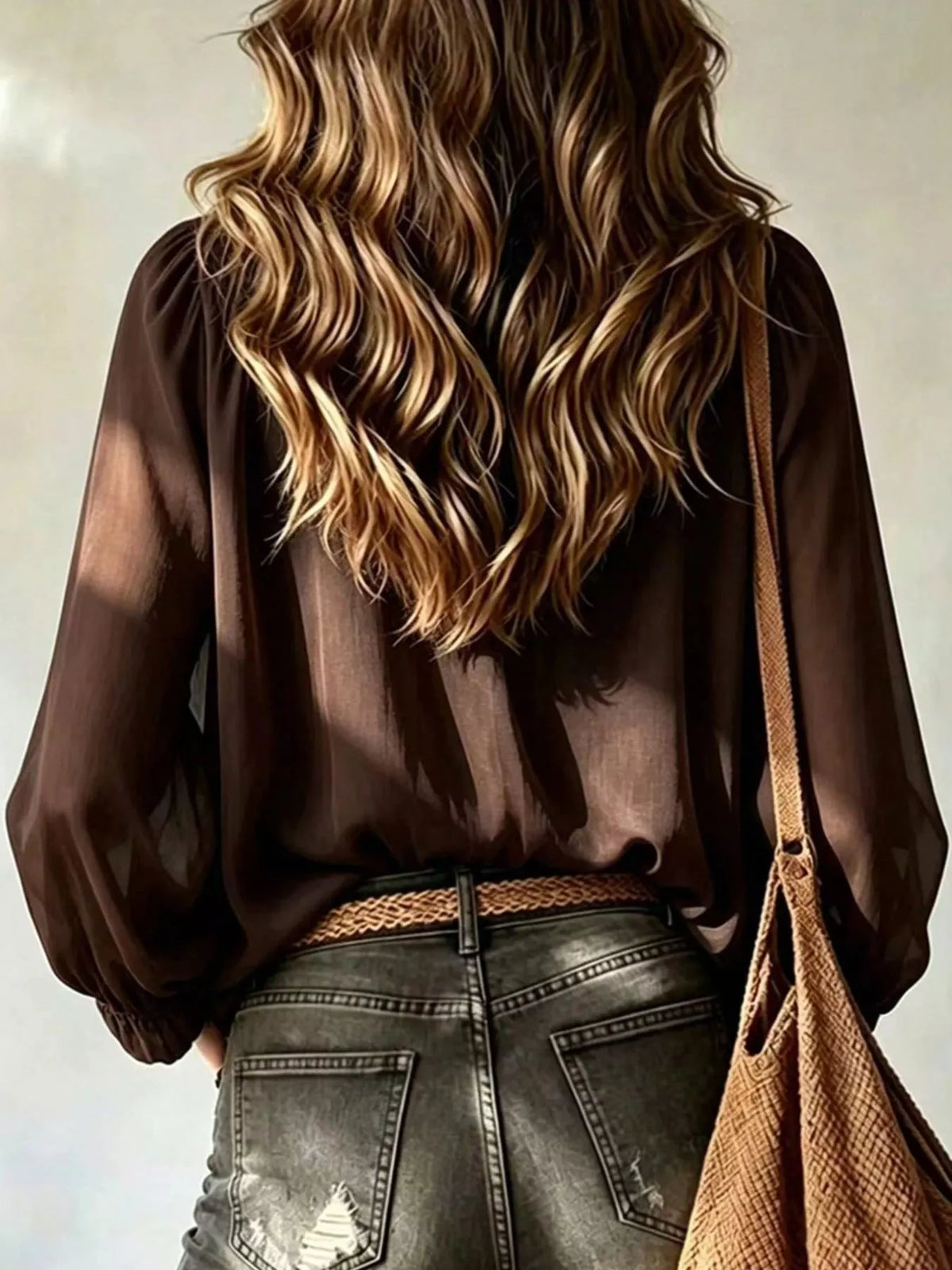 Hollis Ruffled Tie-Front Blouse in Brown, on model