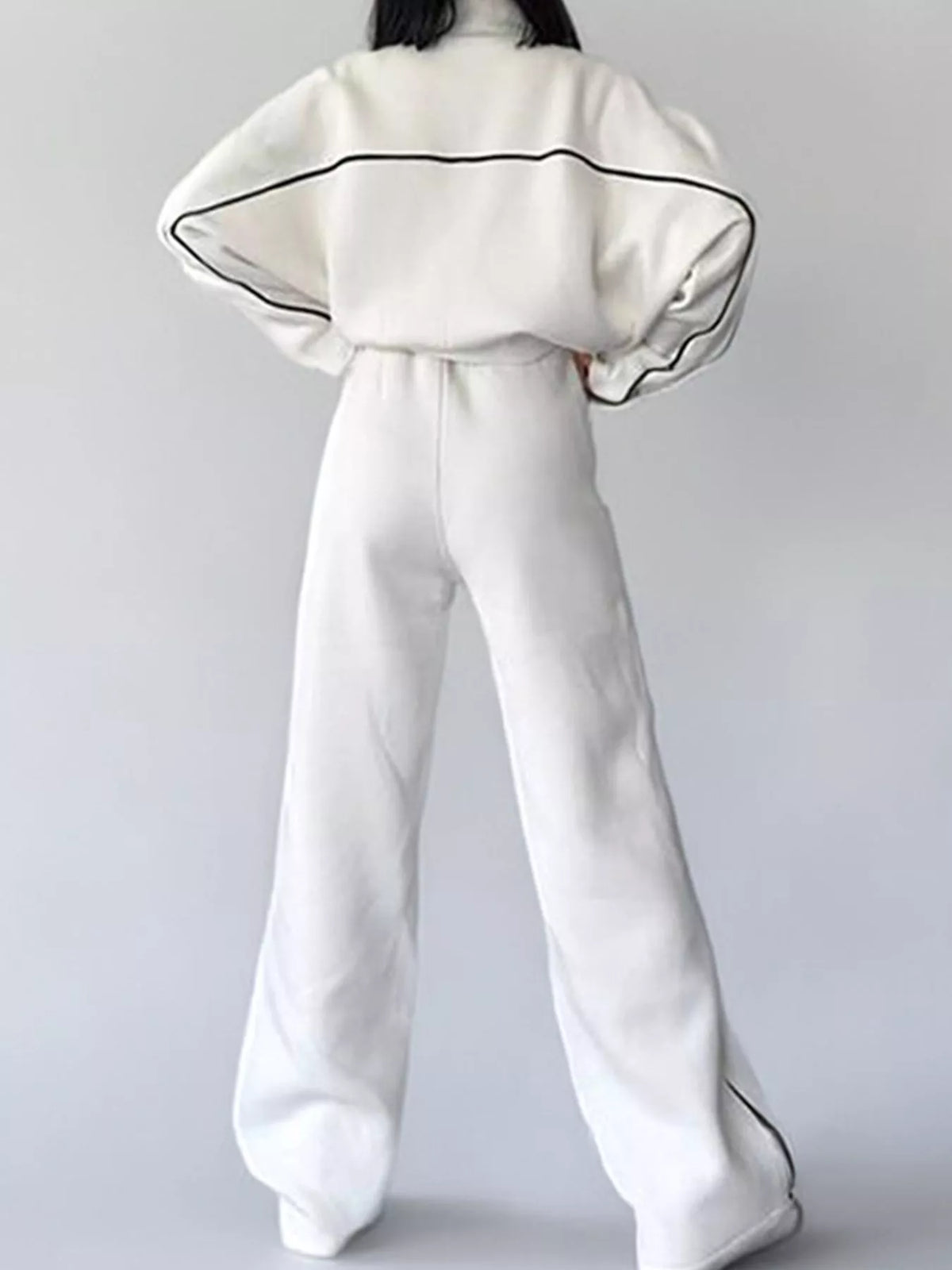 Wynn Piped Zip-Up Jacket + Wide-Leg Pants Set in White, on model
