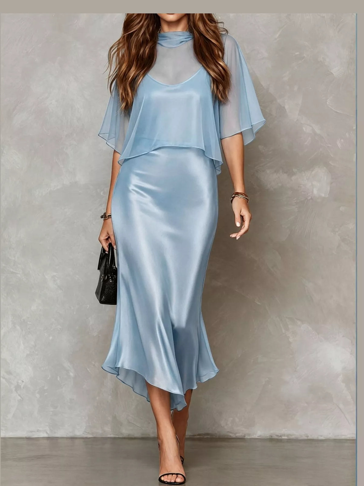 Calla Satin Slip Dress + Sheer Cape Set in Light Blue, on model