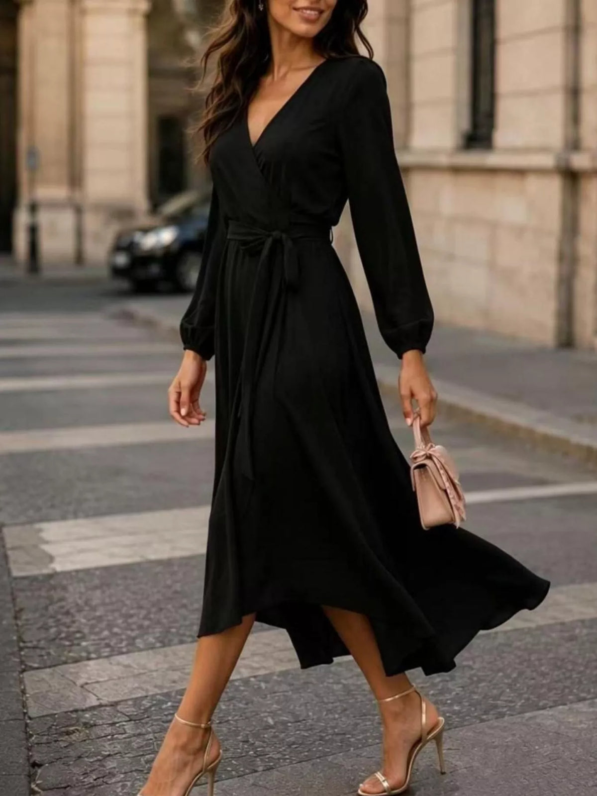 Ines Long-Sleeve Wrap Dress in Black, on model