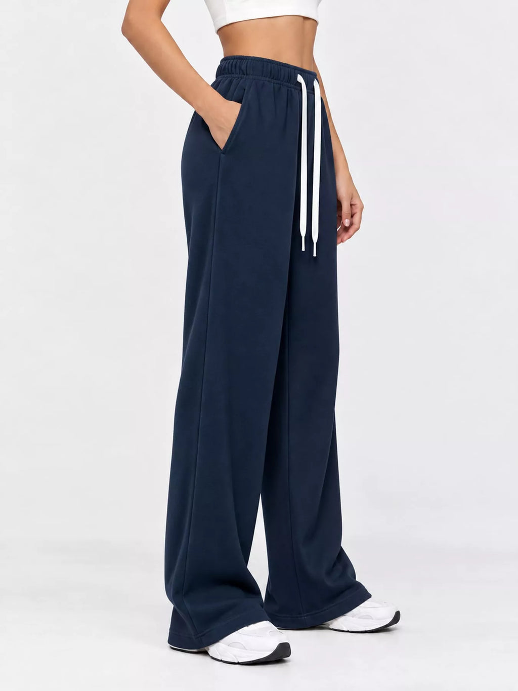 Odessa Drawstring Wide-Leg Sweatpants in Navy Blue, on model