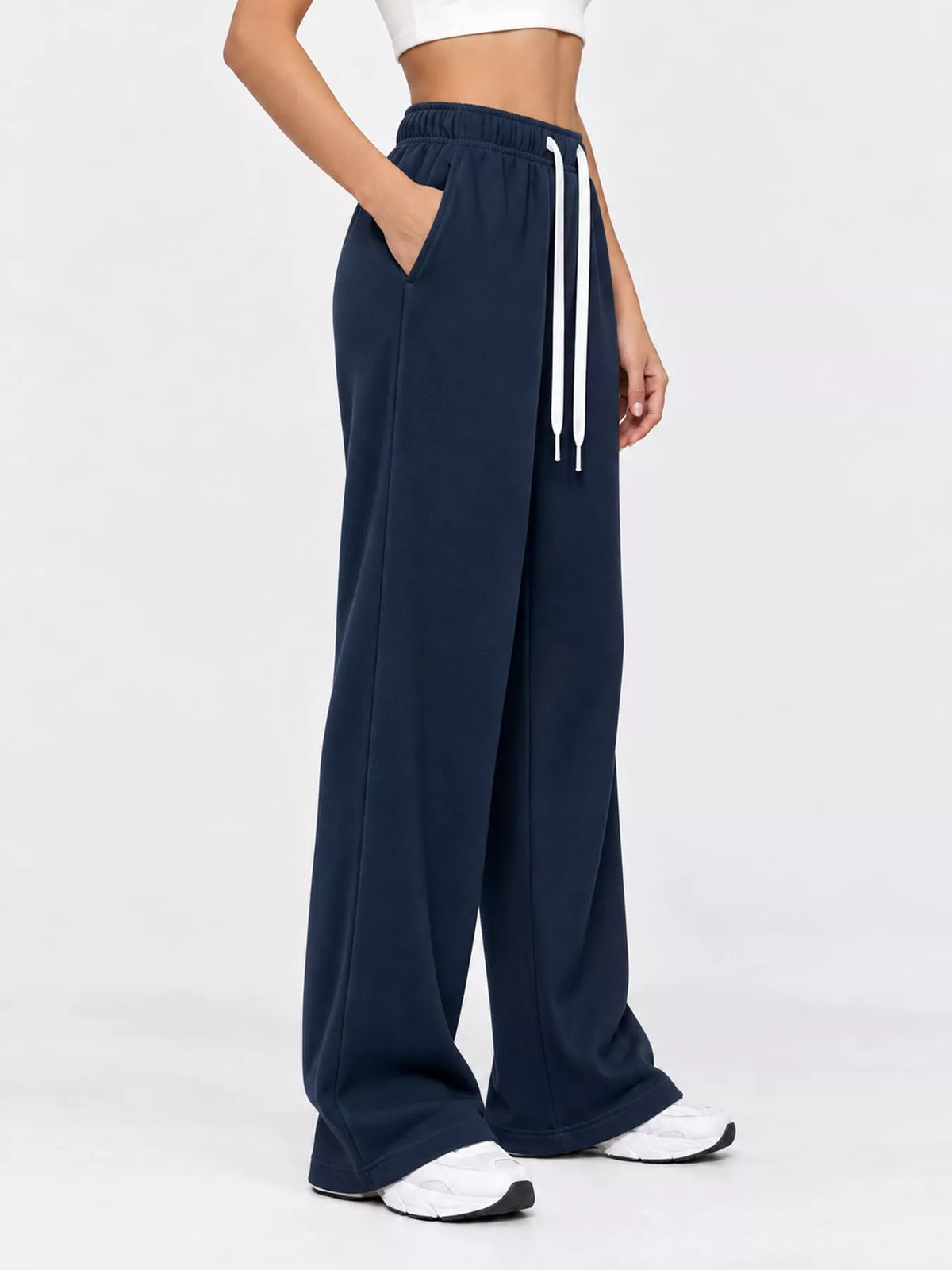 Odessa Drawstring Wide-Leg Sweatpants in Navy Blue, on model