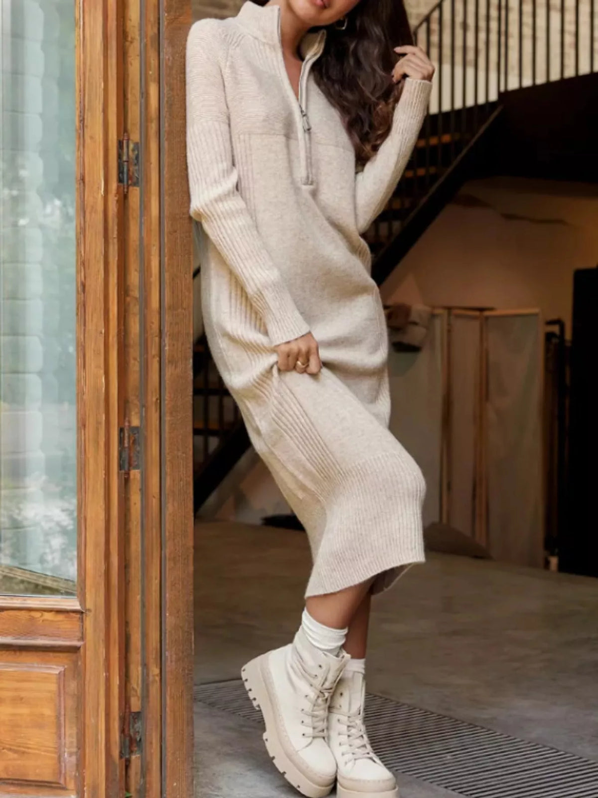 Annelise Half-Zip Ribbed Sweater Maxi Dress, on model