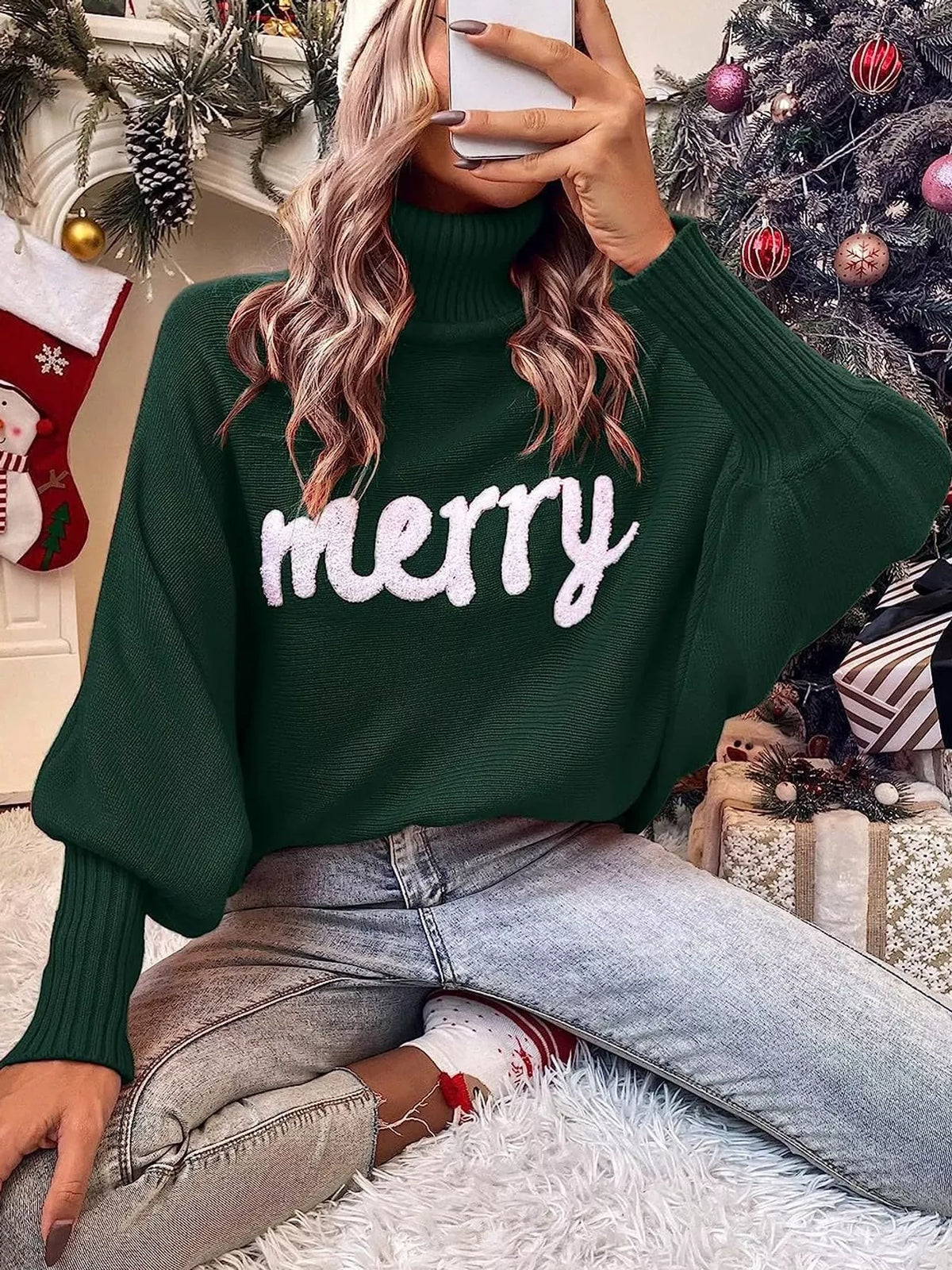 Mabel Merry Turtleneck Sweater in Dark Green, on model