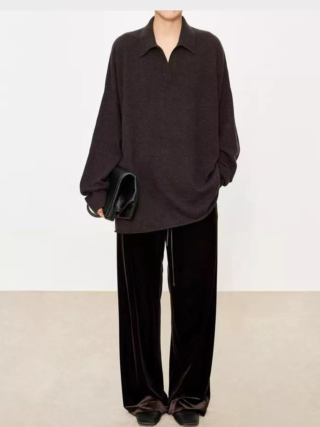 Priya Polo-Collar Drop-Shoulder Sweater in Brown, on model