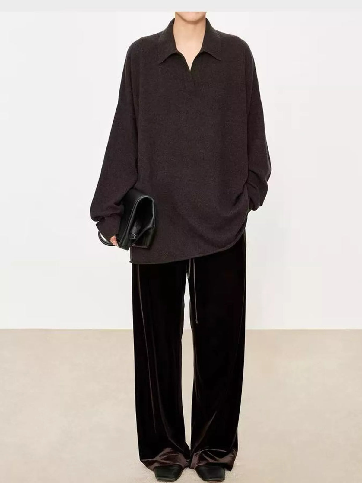 Priya Polo-Collar Drop-Shoulder Sweater in Brown, on model