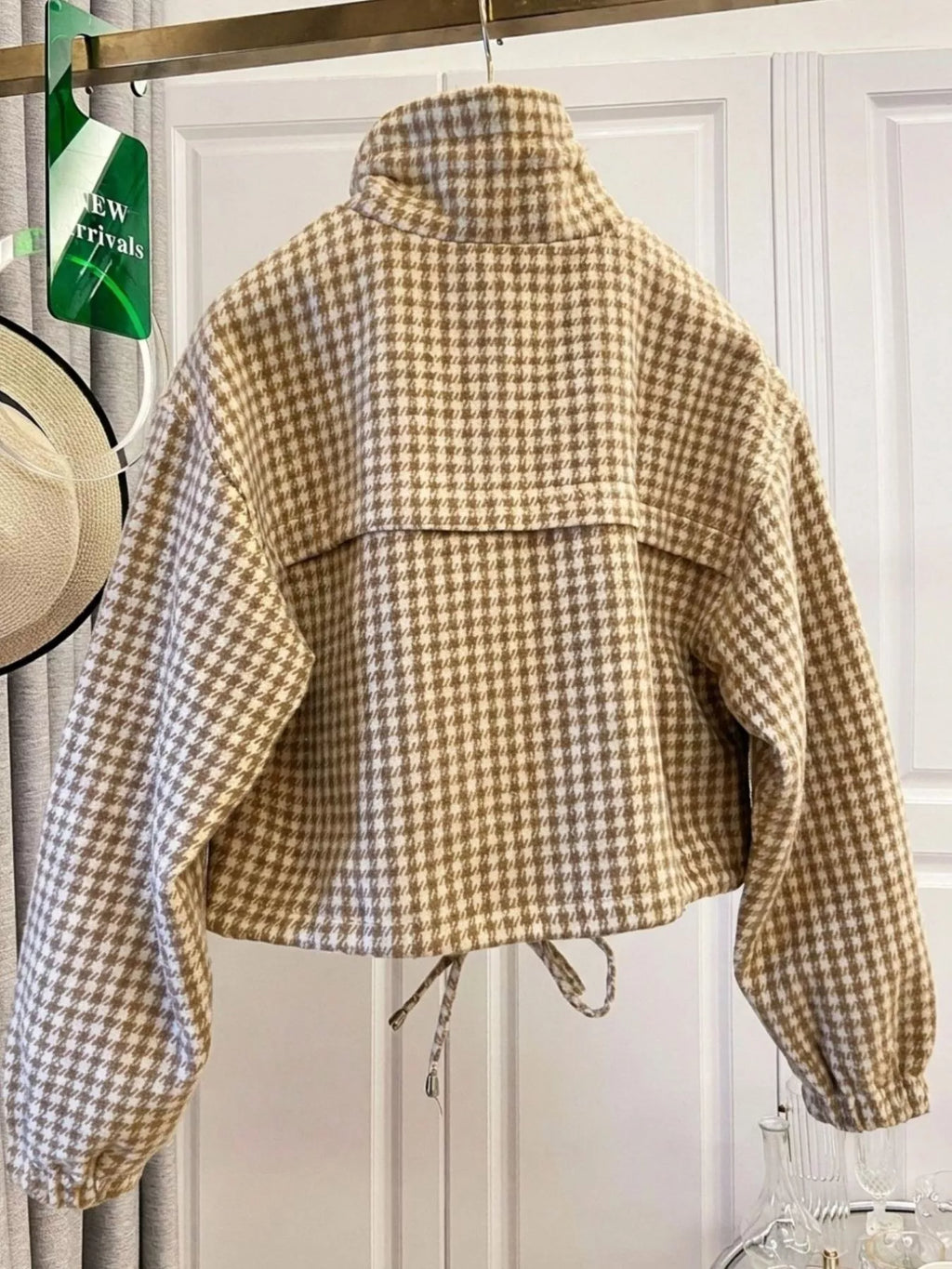 Sadie Houndstooth Cropped Utility Jacket in Apricot, on model