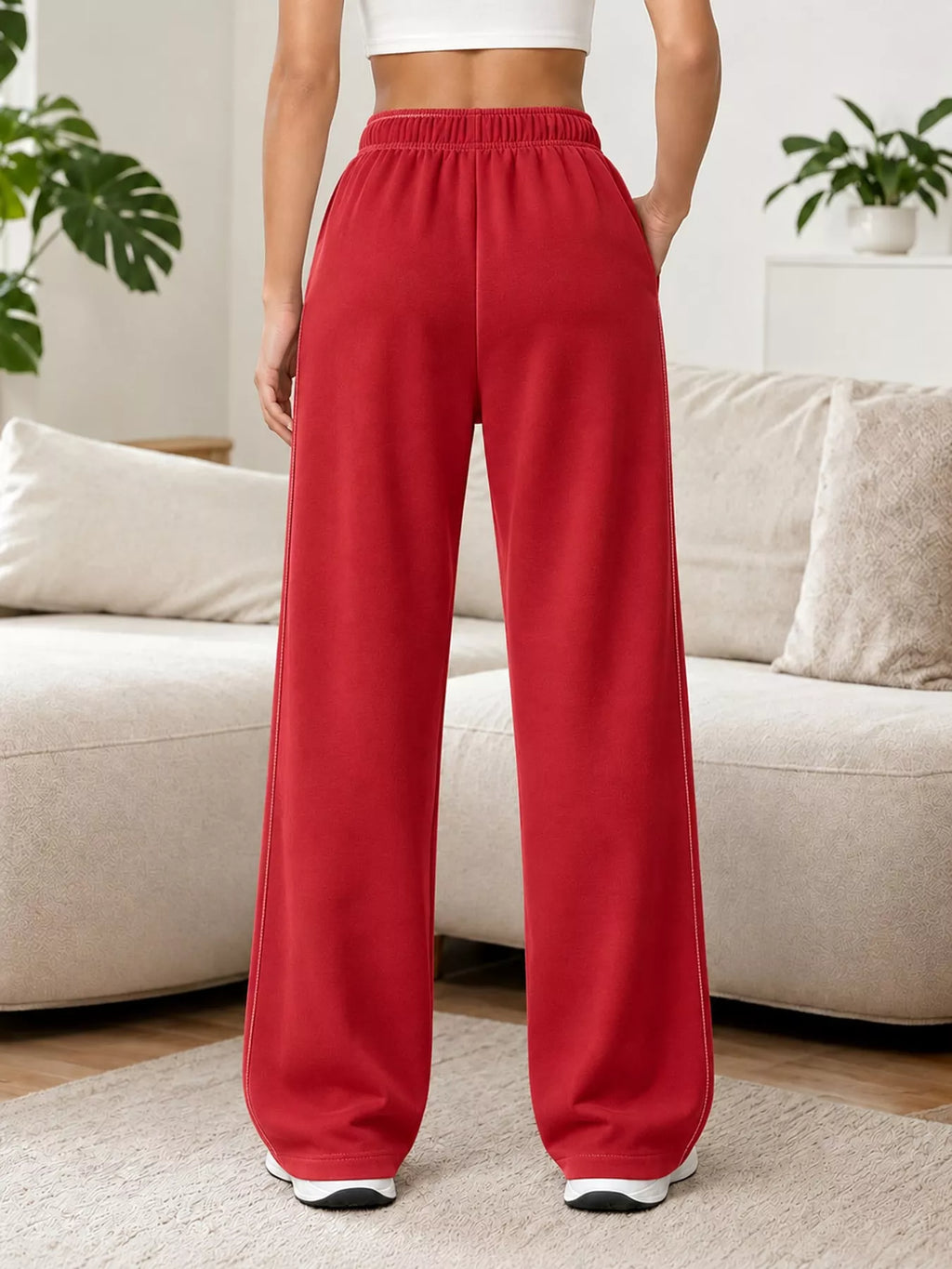 Odessa Drawstring Wide-Leg Sweatpants in Red, on model