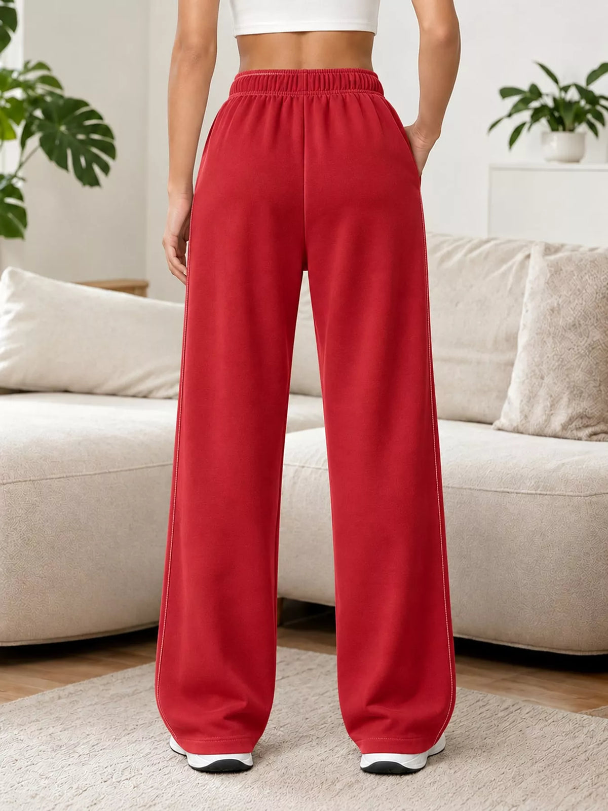 Odessa Drawstring Wide-Leg Sweatpants in Red, on model