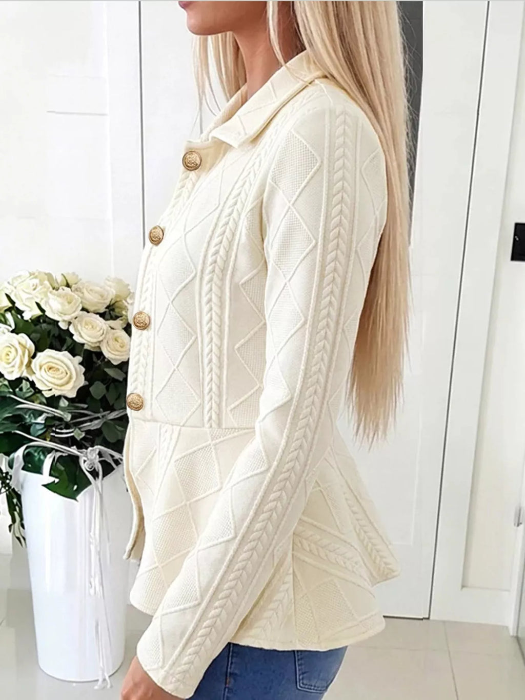 Briar Cable-Knit Peplum Cardigan in White, on model