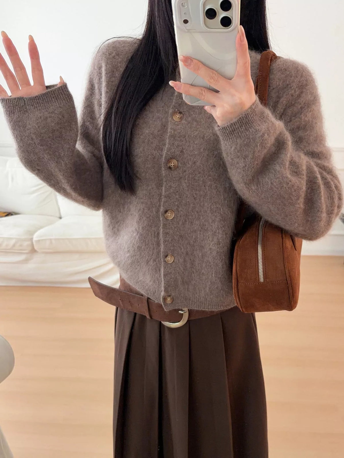 Flora Fuzzy Cropped Button Cardigan in Coffee, product view