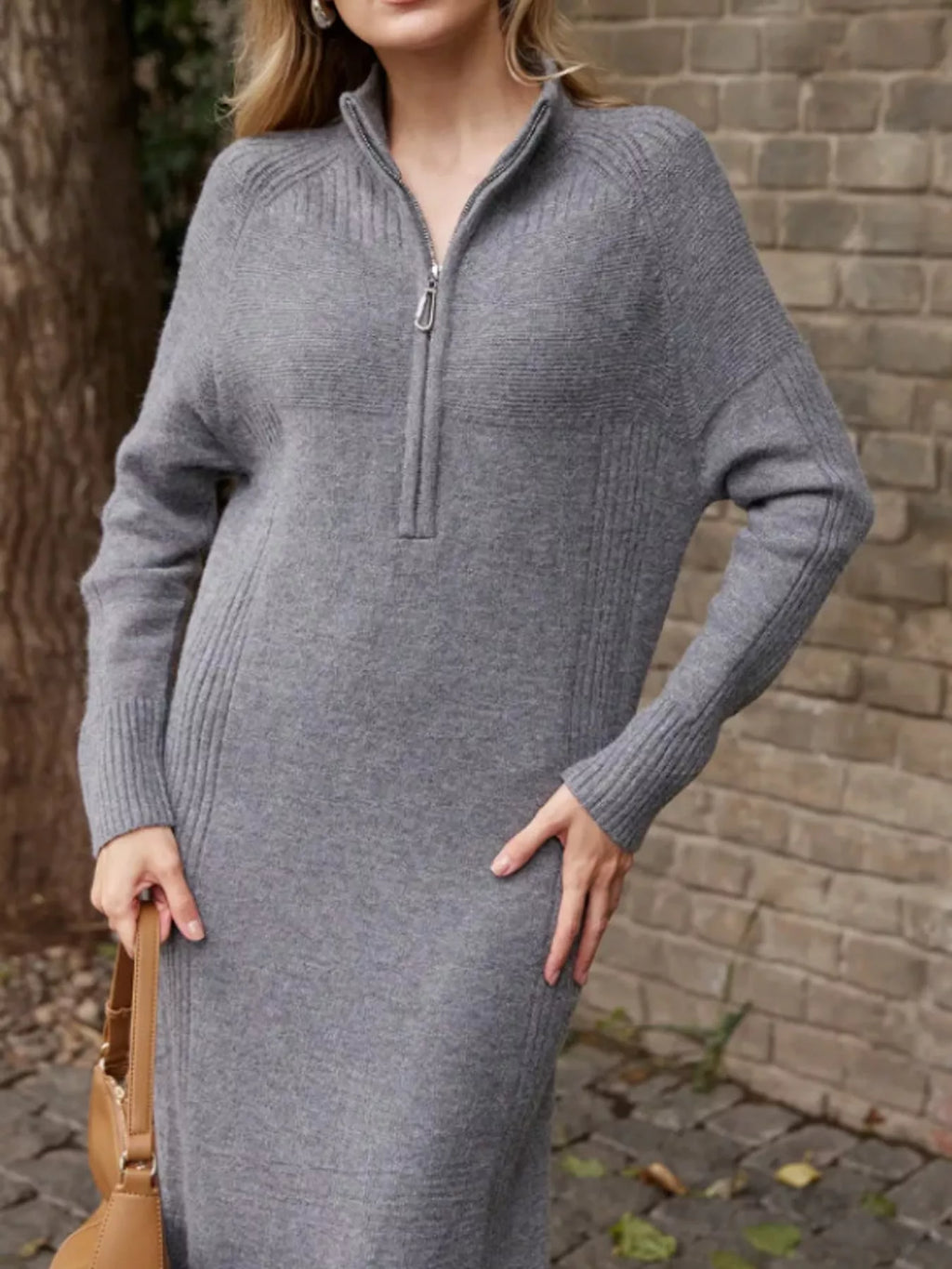 Annelise Half-Zip Ribbed Sweater Maxi Dress in Gray, on model