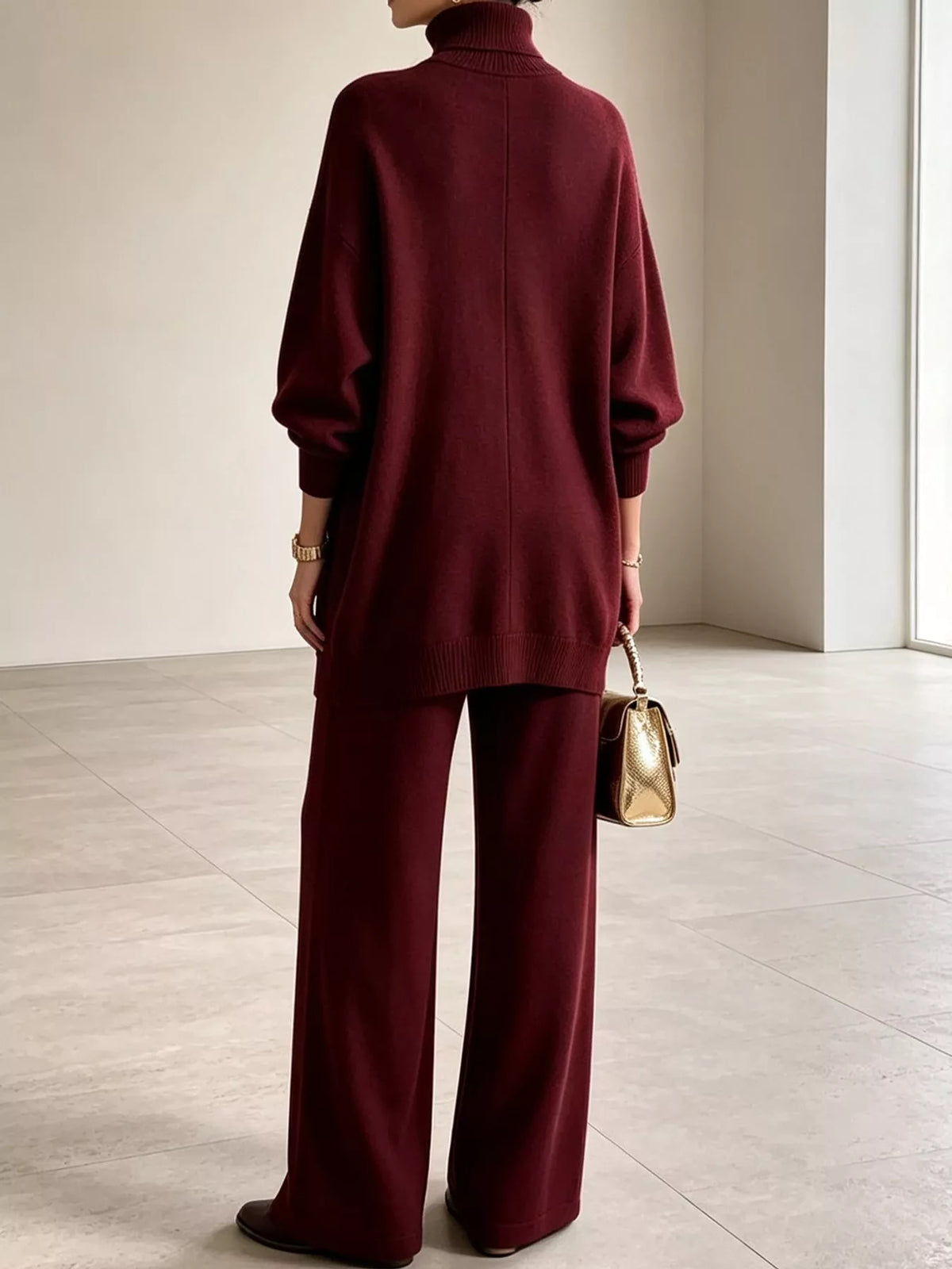 Tove Turtleneck Sweater Tunic + Pants Set in Burgundy, on model