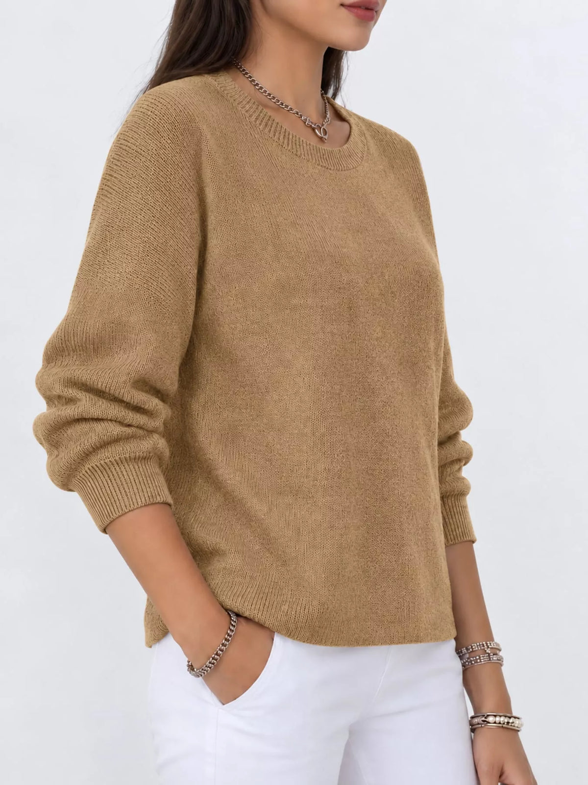 Corinne Classic Crew-Neck Sweater in Khaki, on model