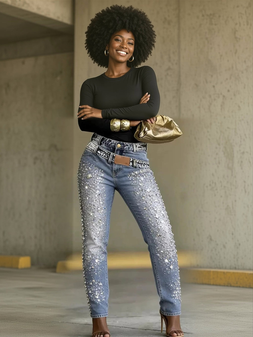 Rhinestone embellished slim jeans in light blue, full-length front view