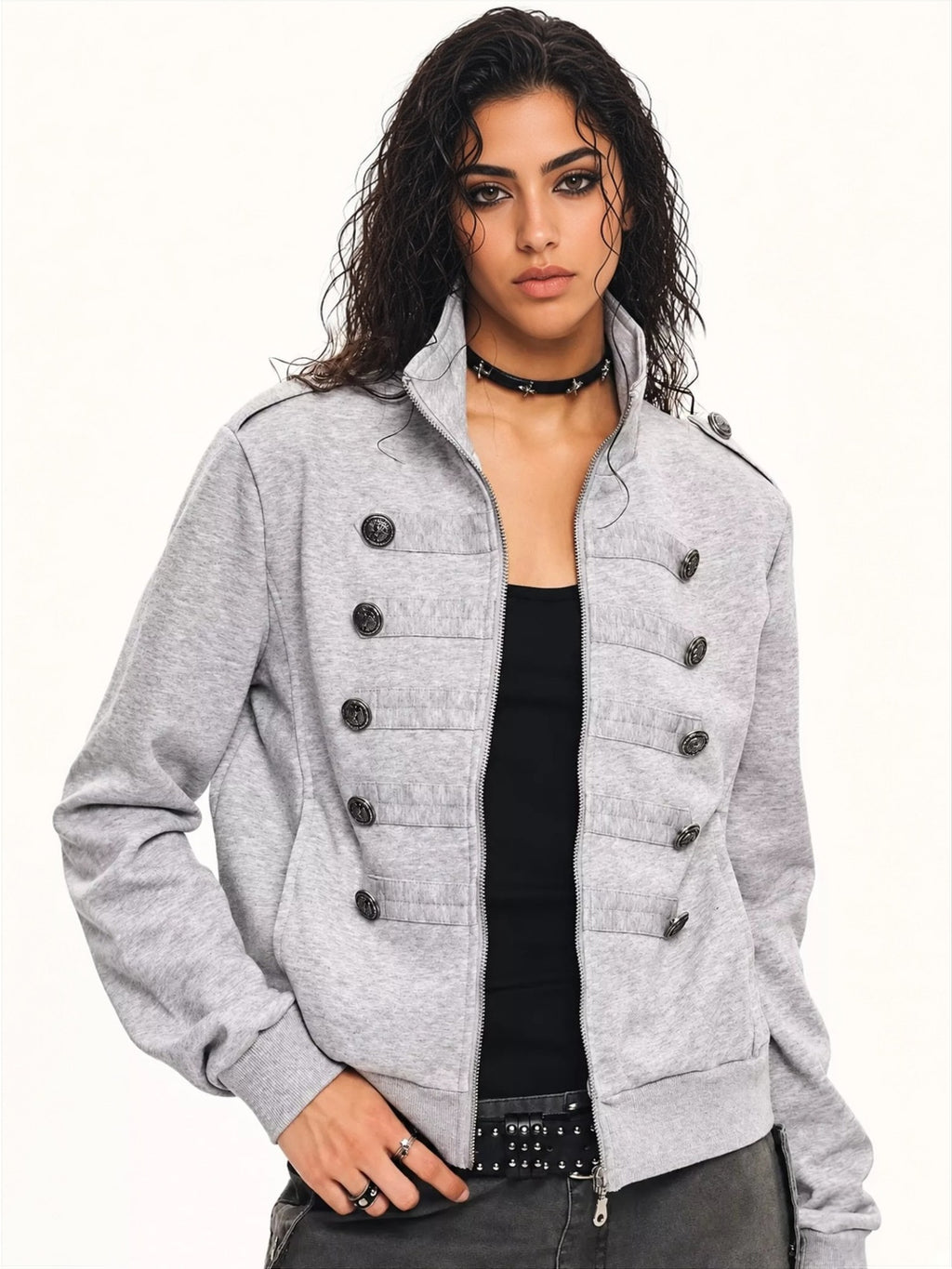 Lottie Military-Button Zip Jacket - front view on model