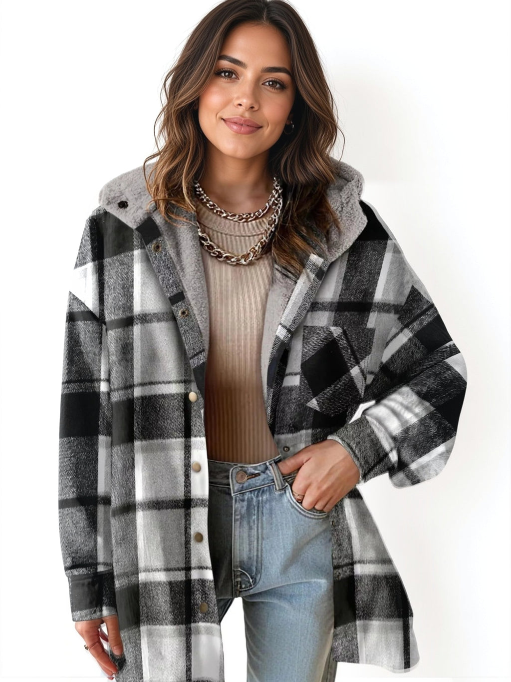 Nina Plaid Hooded Shacket - front view on model