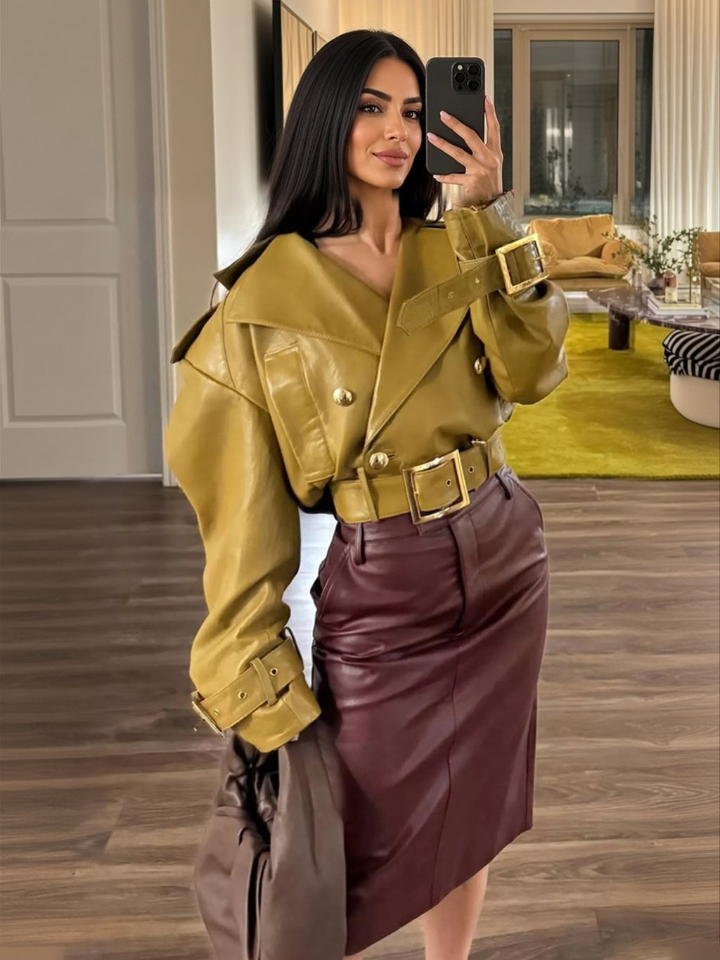 Opal Buckle Faux Leather Cropped Jacket - front view on model