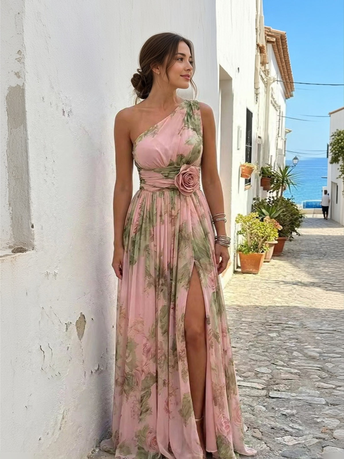 Pia One-Shoulder Floral Chiffon Maxi Dress - front view on model