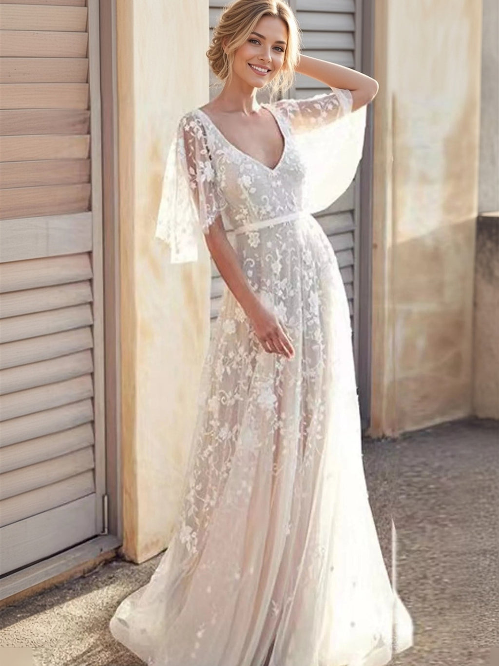 Viola Lace Flutter-Sleeve Maxi Dress - front view on model