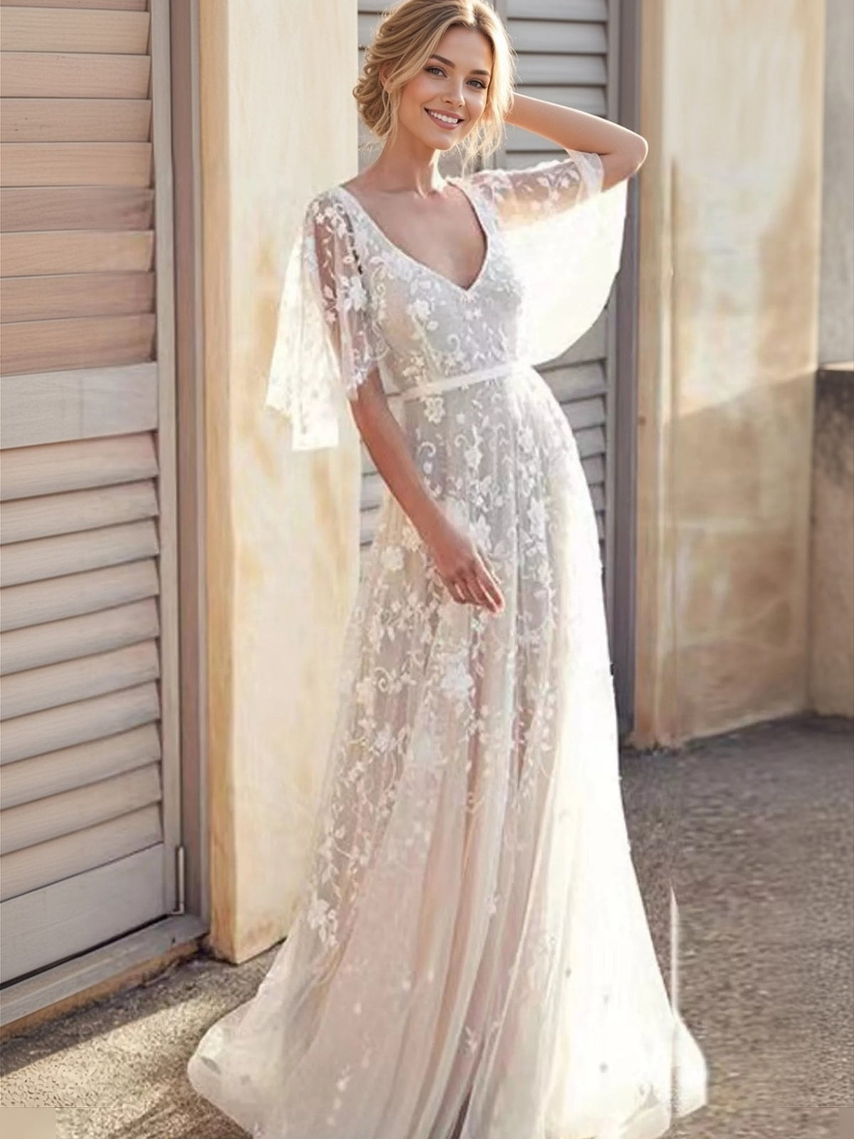 Viola Lace Flutter-Sleeve Maxi Dress - front view on model