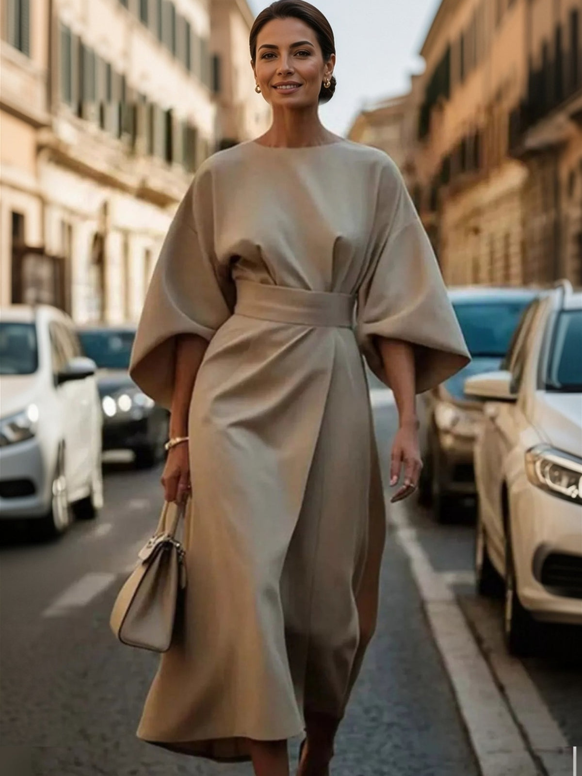 Bettina Kimono-Sleeve Wrap Midi Dress - front view on model