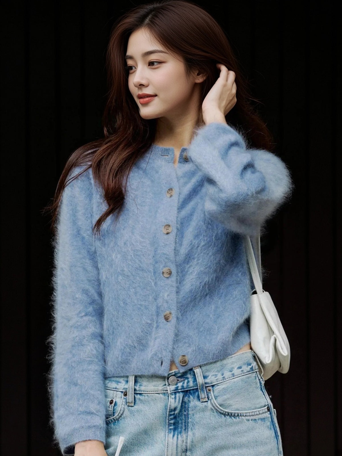 Flora Fuzzy Cropped Button Cardigan - front view on model