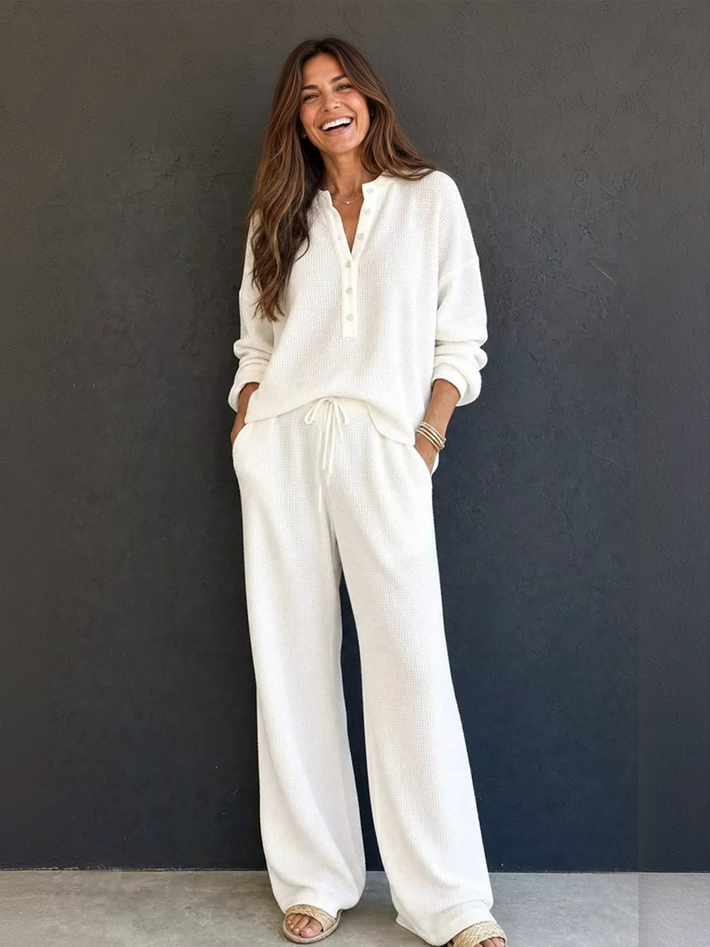 Waffle-knit henley and wide-leg pants set in white, full-length front view