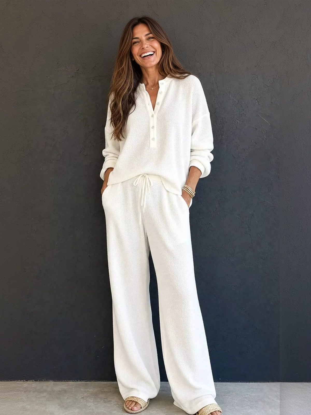 Waffle-knit henley and wide-leg pants set in white, full-length front view