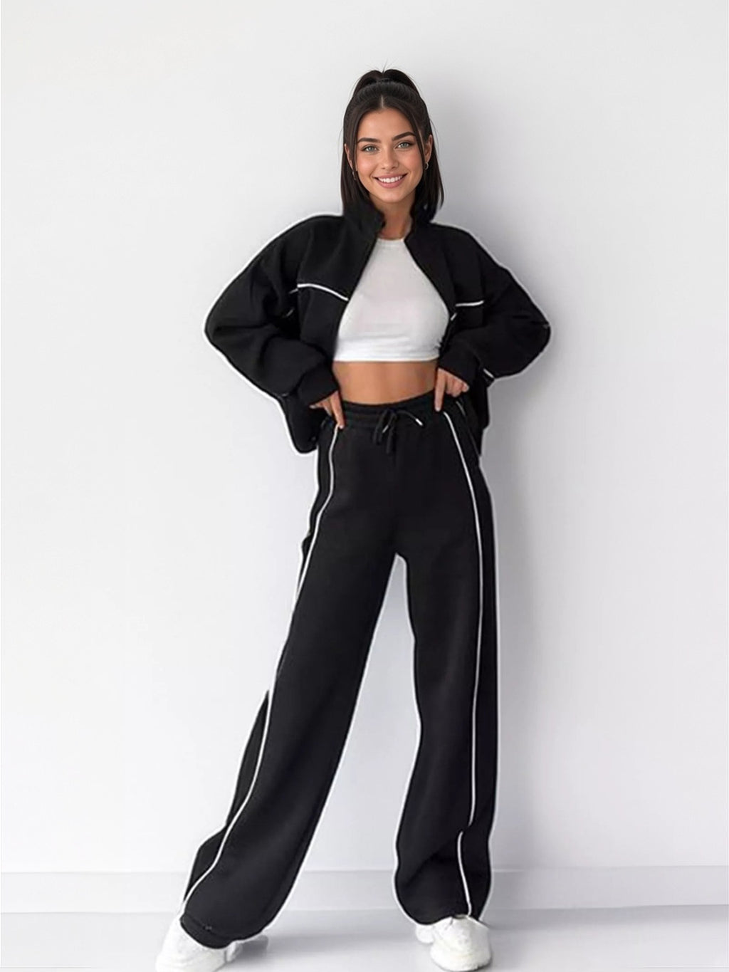 Wynn Piped Zip-Up Jacket + Wide-Leg Pants Set - front view on model