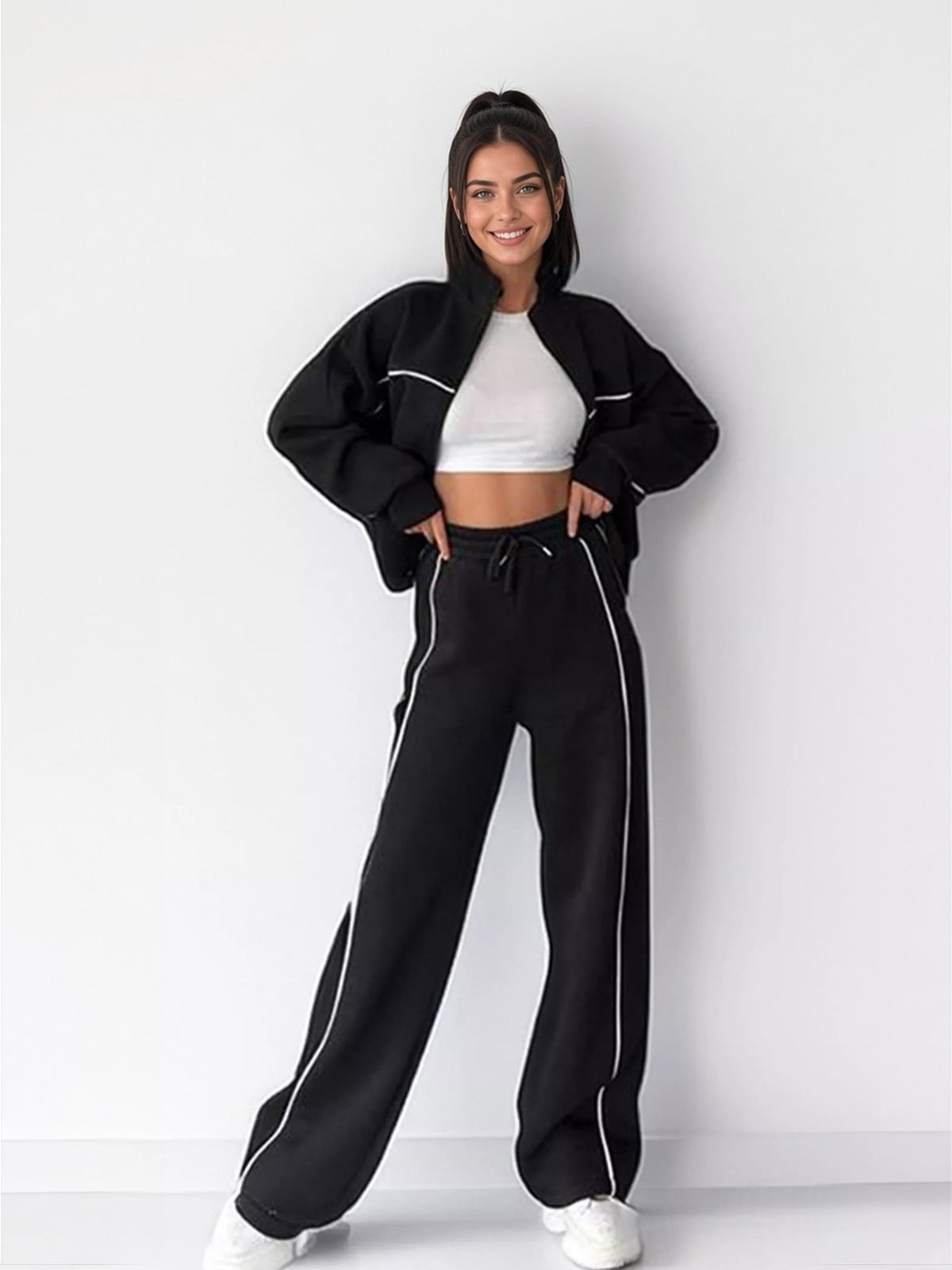 Wynn Piped Zip-Up Jacket + Wide-Leg Pants Set - front view on model