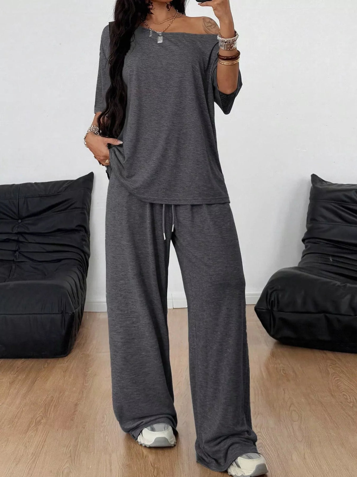 Linnea Off-Shoulder Top + Wide-Leg Pants Set in Dark Gray, on model