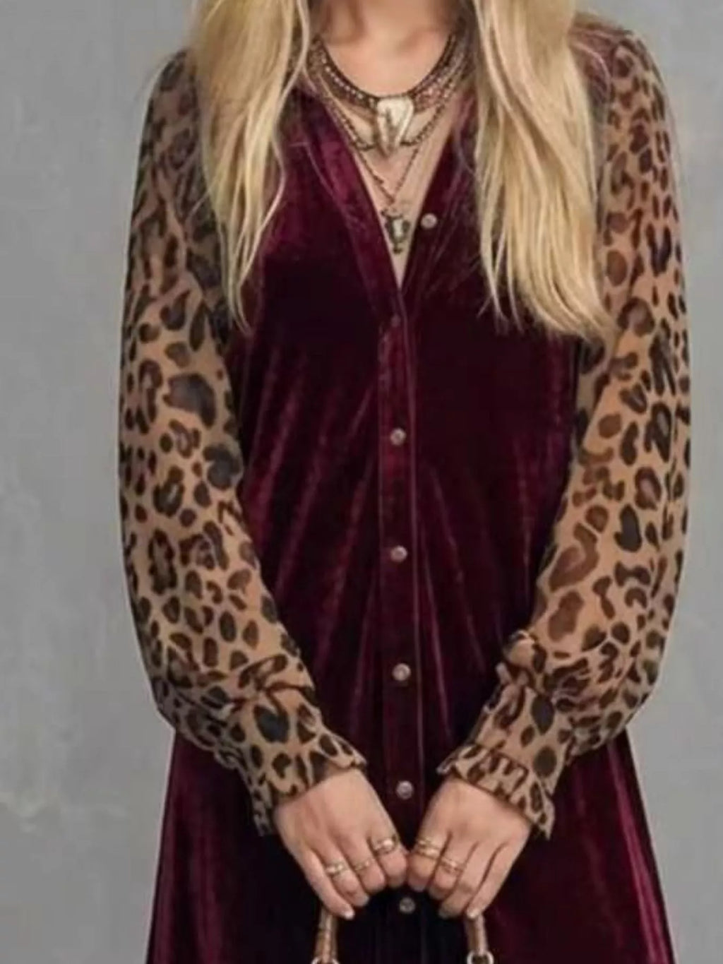 Coraline Leopard-Sleeve Velvet Maxi Dress in Burgundy, on model