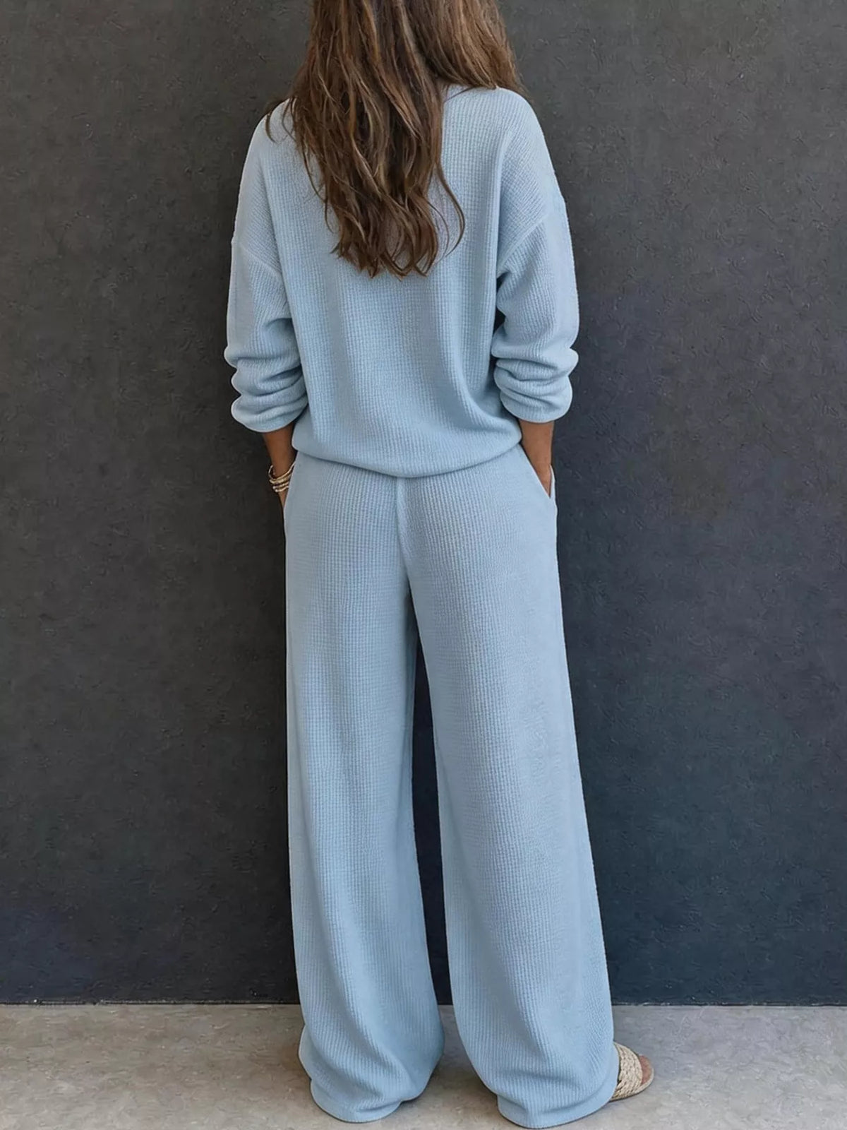 Thea Waffle-Knit Henley + Wide-Leg Pants Set in Blue, on model