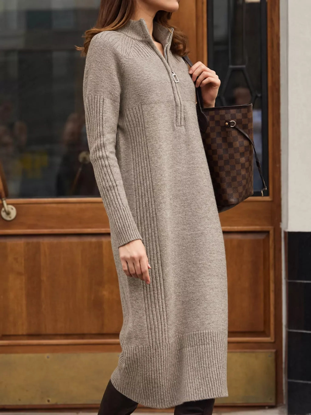 Annelise Half-Zip Ribbed Sweater Maxi Dress in Oatmeal, on model