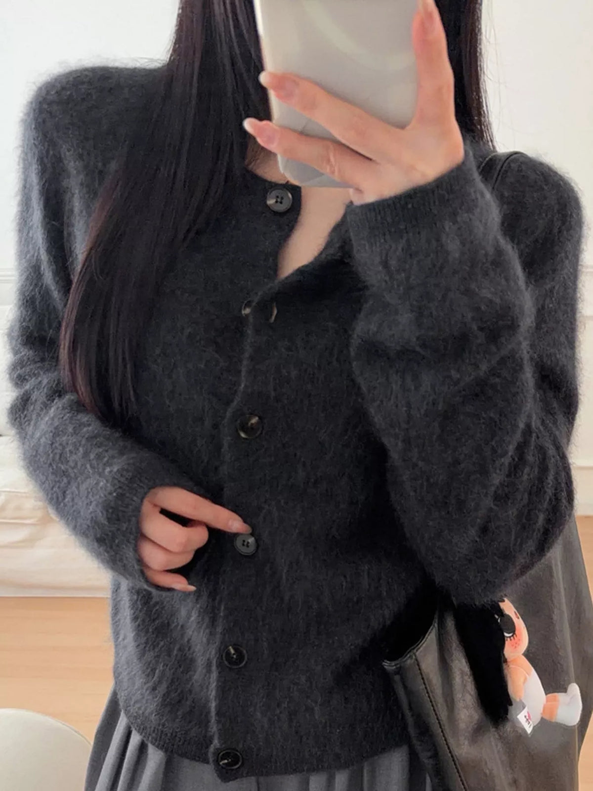 Flora Fuzzy Cropped Button Cardigan in Dark Gray, on model