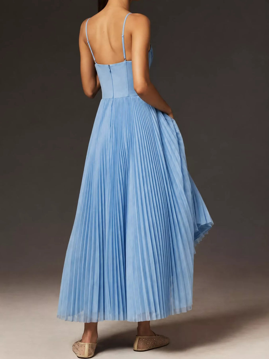 Saoirse Pleated Sweetheart Midi Dress in Sky Blue, on model