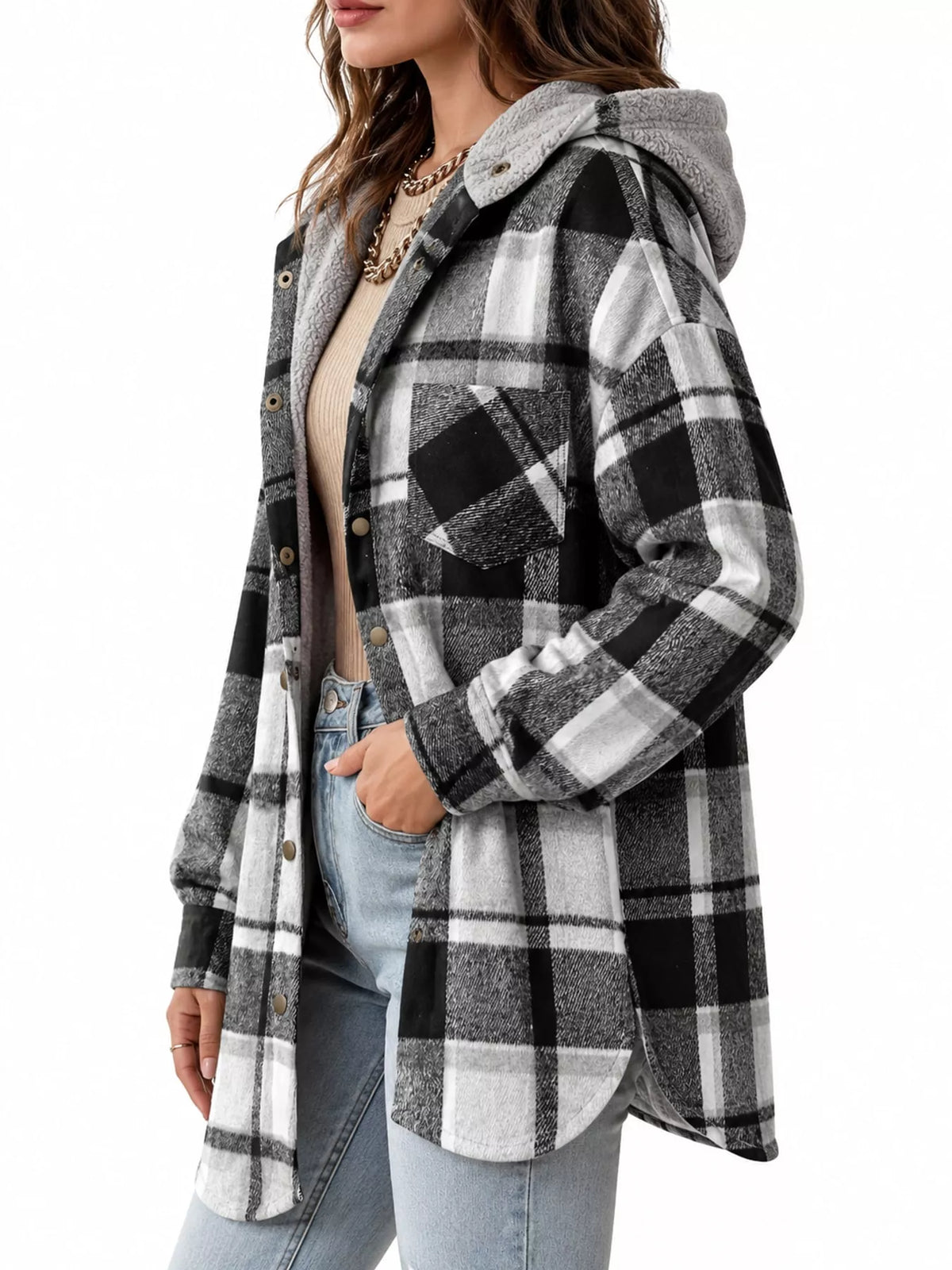 Nina Plaid Hooded Shacket in Black, on model