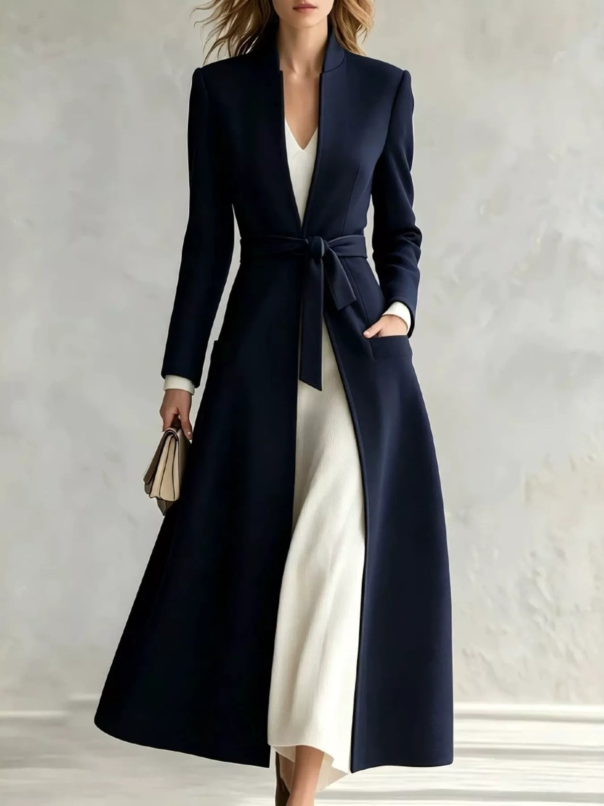 Fiora Tie-Waist Long Coat in Navy, on model