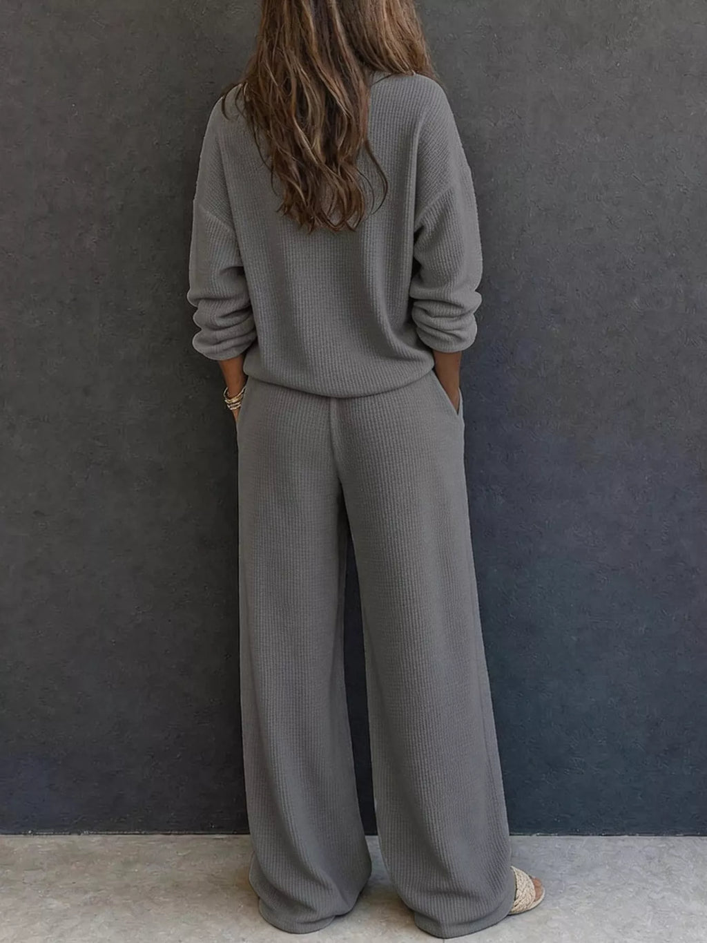 Thea Waffle-Knit Henley + Wide-Leg Pants Set in Gray, on model