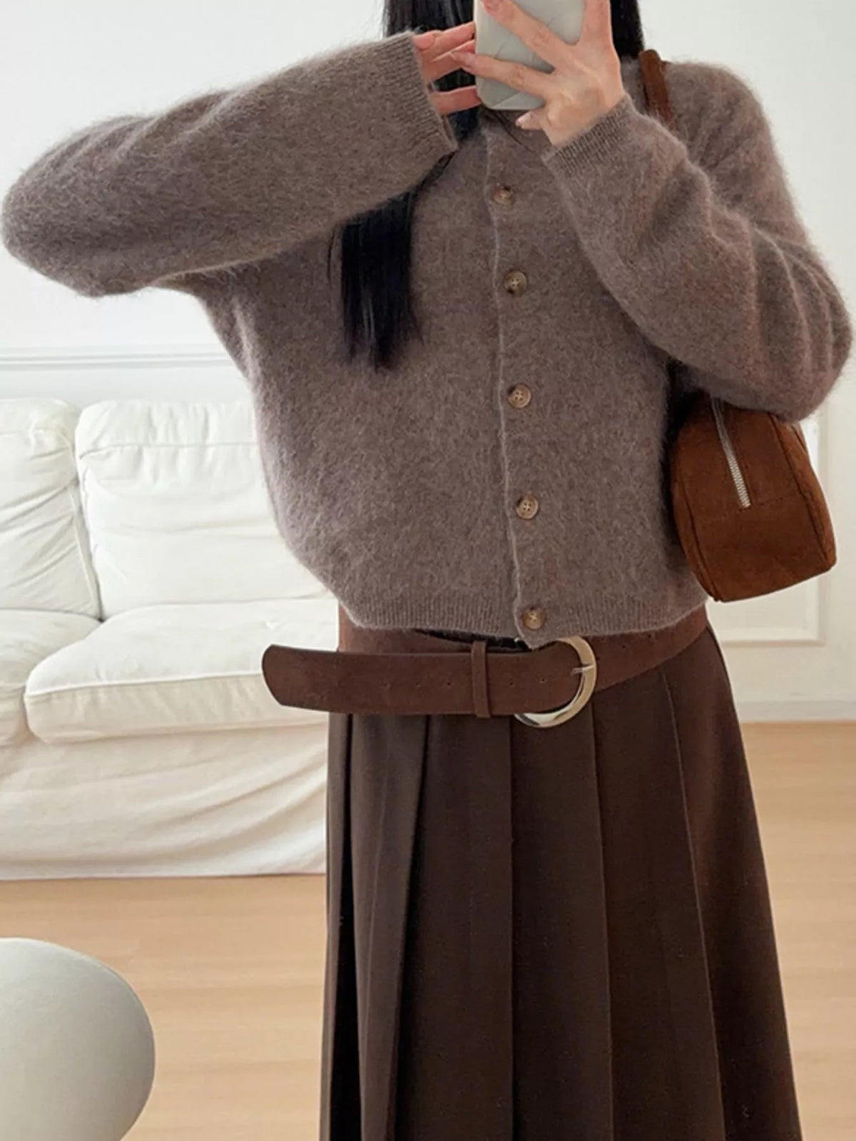 Flora Fuzzy Cropped Button Cardigan in Coffee, on model