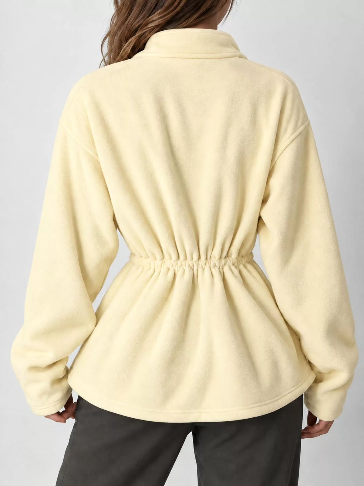 Kaia Cinched-Waist Fleece Zip-Up Jacket in Yellow, on model