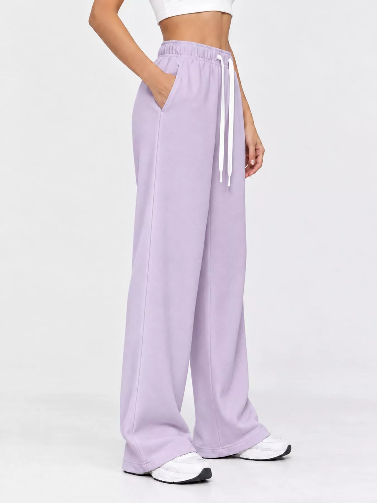 Odessa Drawstring Wide-Leg Sweatpants in Light Purple, on model