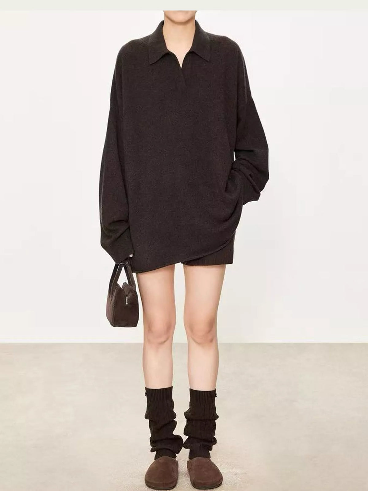 Priya Polo-Collar Drop-Shoulder Sweater in Brown, on model