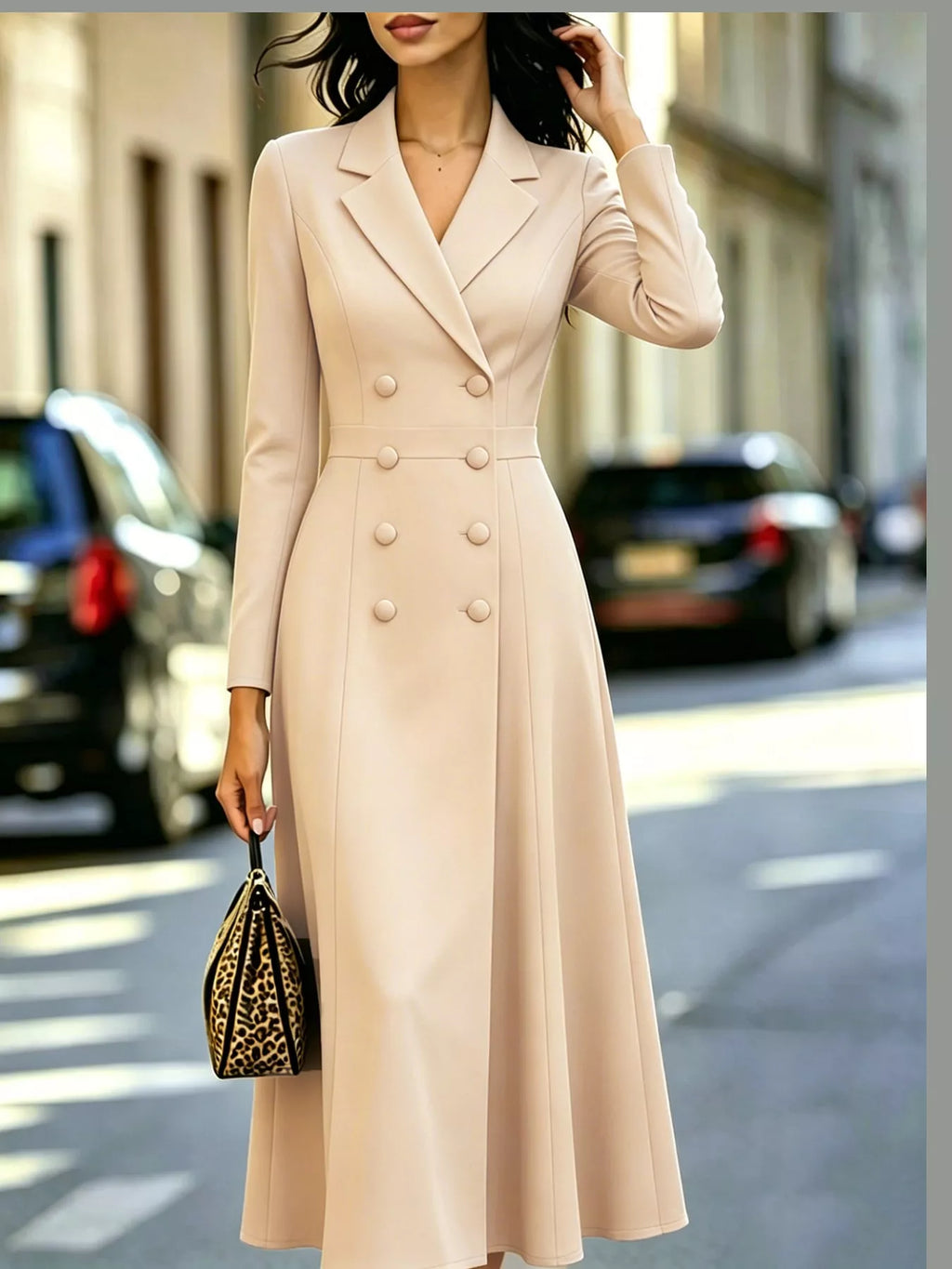 Solenne Double-Breasted Coat Midi Dress in Khaki, on model
