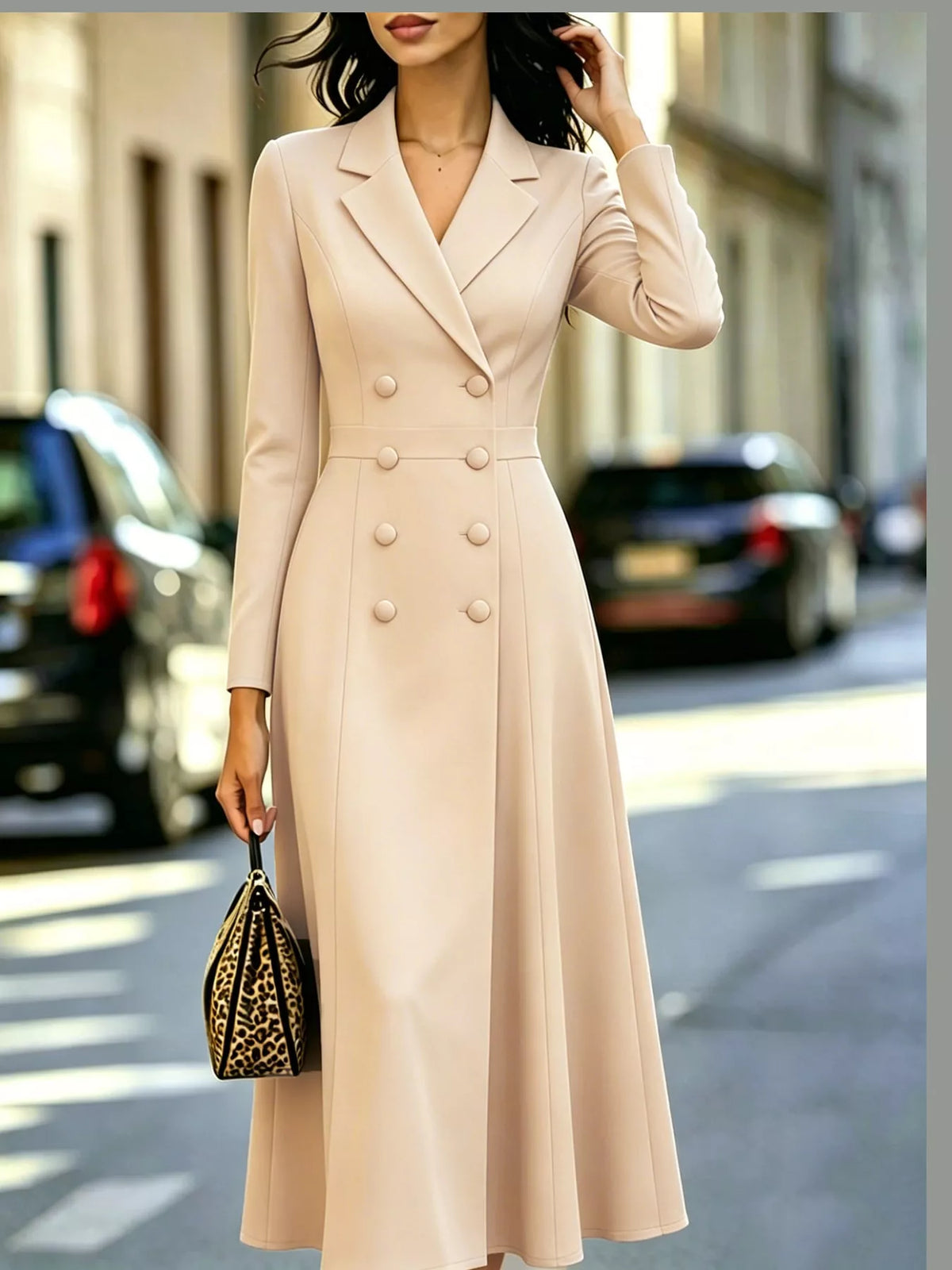 Solenne Double-Breasted Coat Midi Dress in Khaki, on model