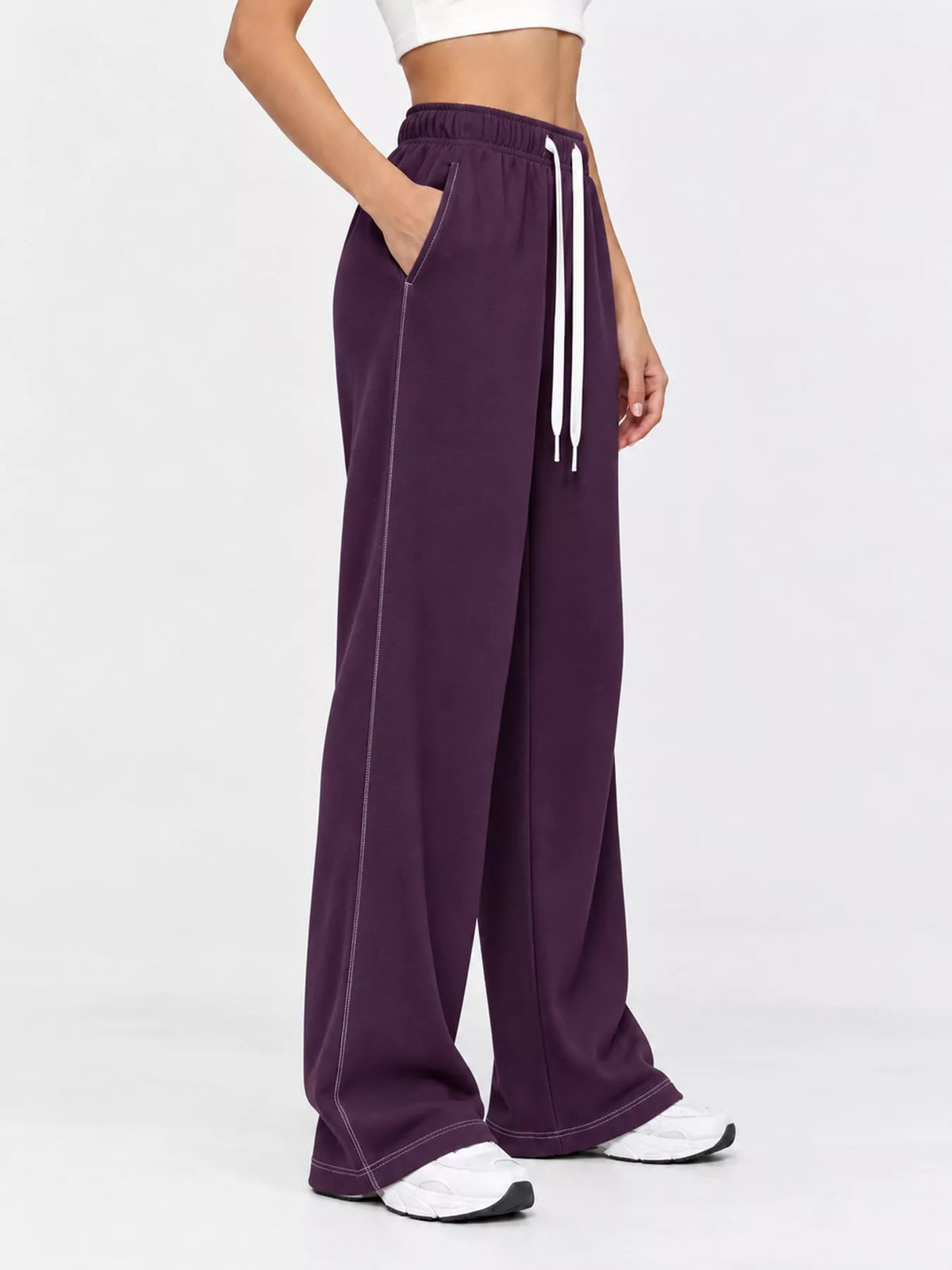 Odessa Drawstring Wide-Leg Sweatpants in Deep Purple, on model