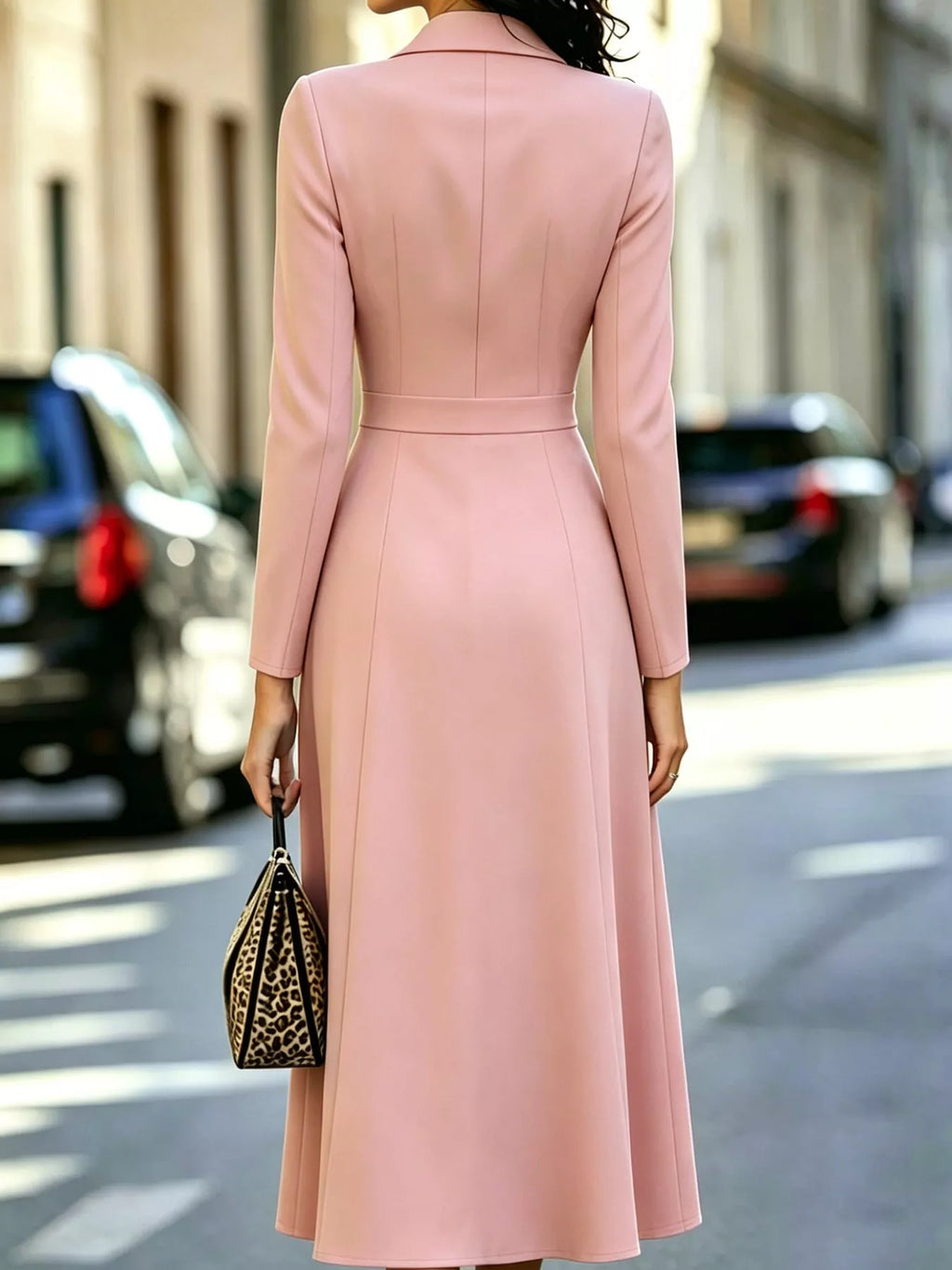 Solenne Double-Breasted Coat Midi Dress in Pink, on model